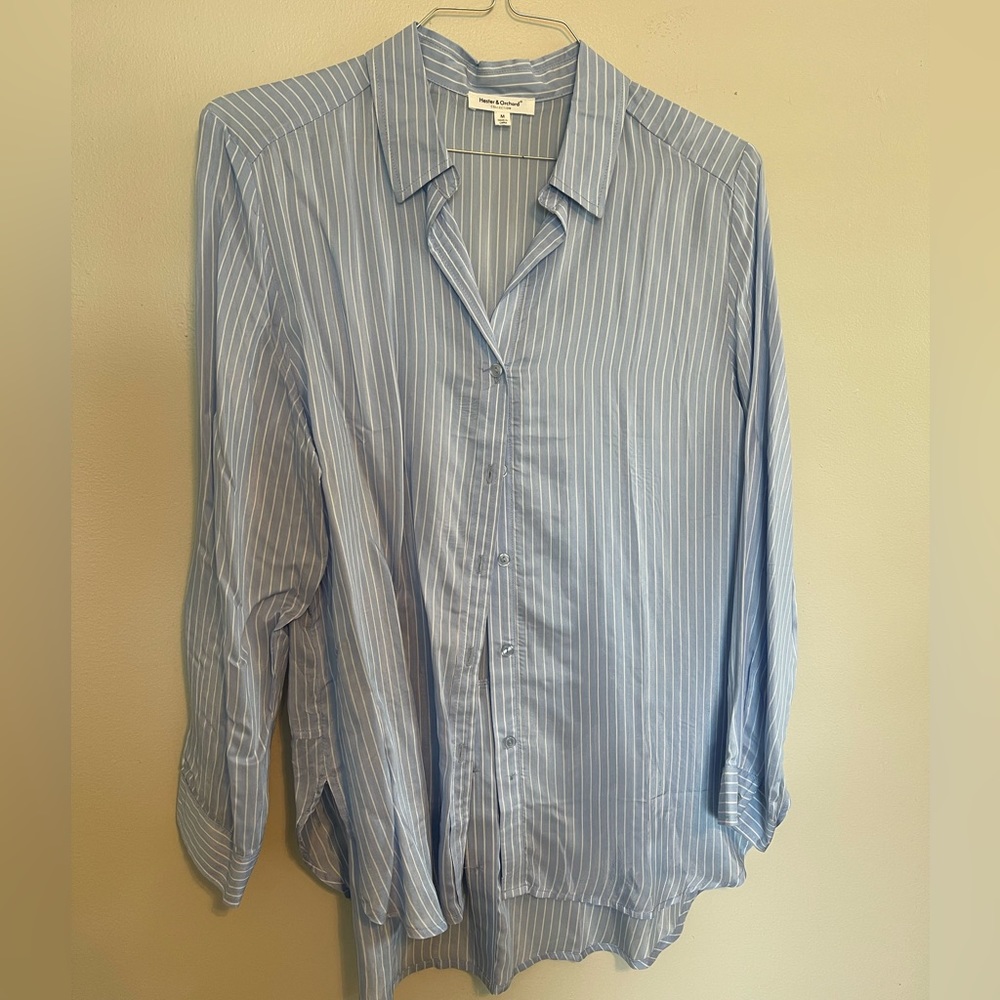 Light blue striped button down shirt. NEVER WORN!!
